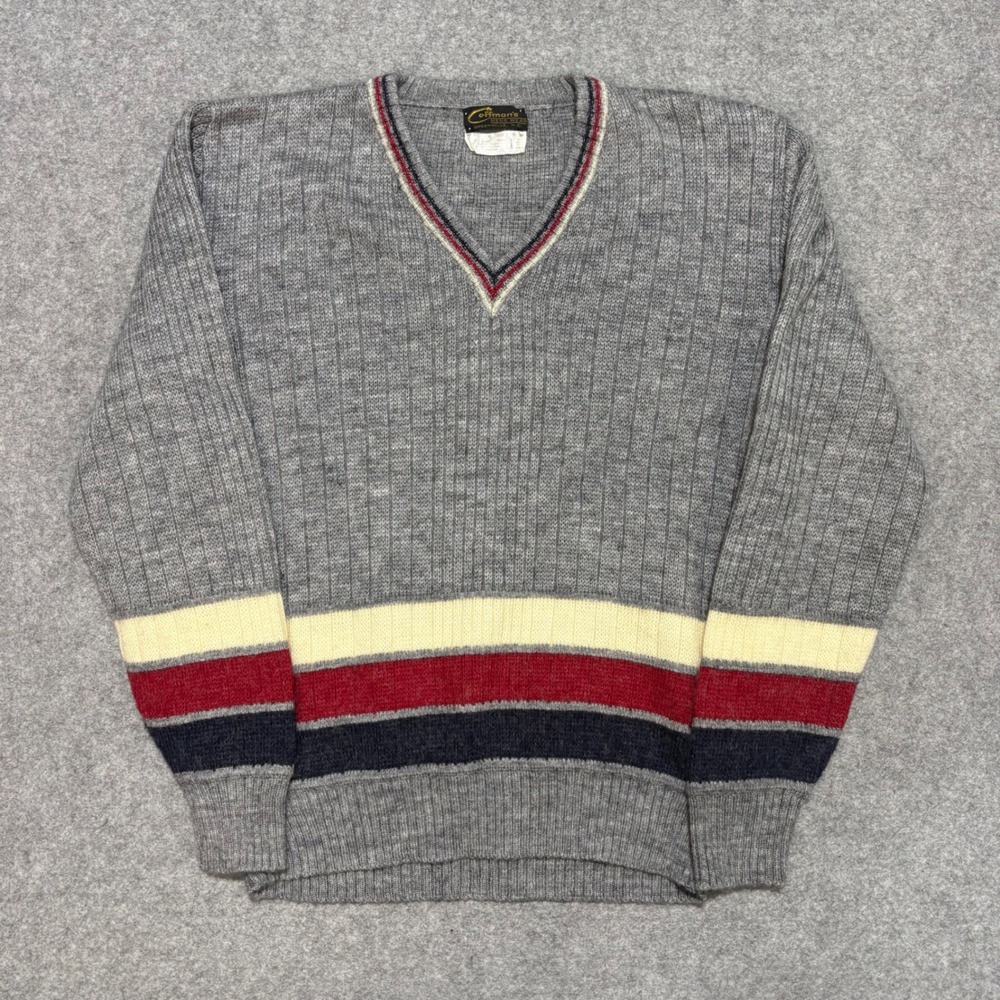 Vintage Coffmans Mens Wear Wool Mohair Striped V-Neck Ribbed Sweater Gray XL